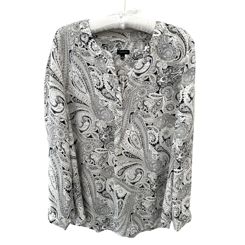 TALBOTS | Black White Paisley Long Sleeve V Neck Blouse Top | Large